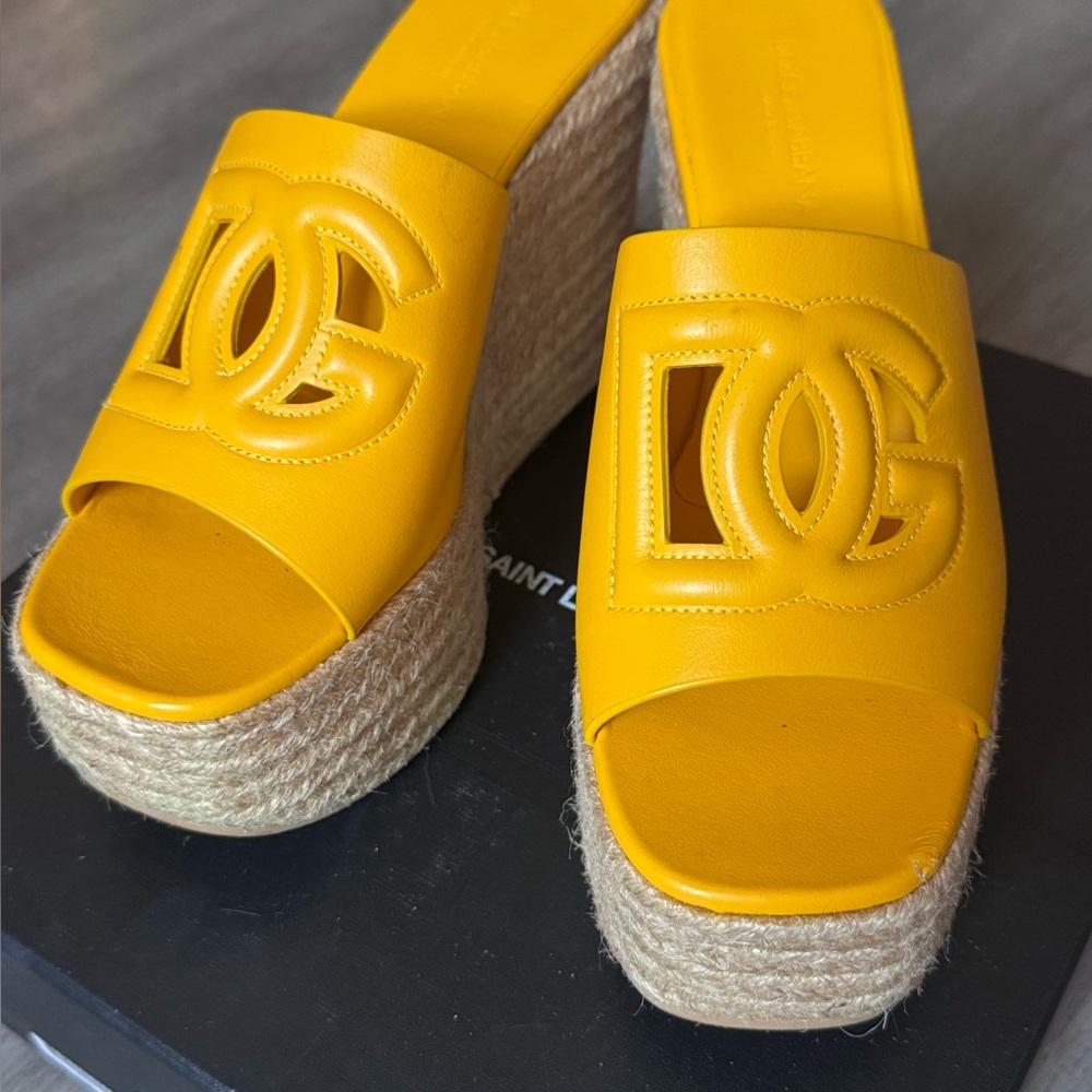 Dolce & Gabbana Yellow Leather Logo Espadrille Wedge Sandals Sz 8,5-9us - Picture 2 of 10